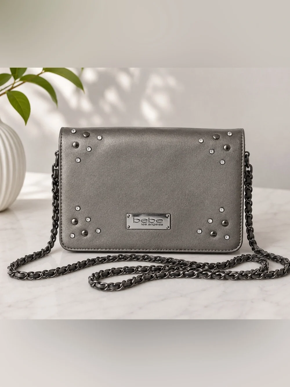 bebe Metallic Gunmetal Gray Studded Crossbody Bag